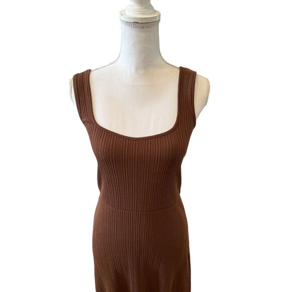 Vince Ribbed Knit Square Neck Midi Dress Chestnut Hazelnut Brown S - Picture 4 of 9